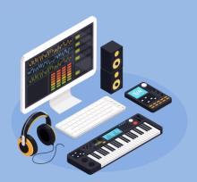 Photo of a desk with a music production setup and monitor