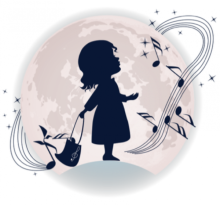 An illustration of a silhouette of a young child in front of the moon with music notes encircling the moon