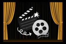 illustration of movie theatre curtains in gold against a black background with a film reel