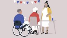 Illustration of five people of different ethnicities in front of the American flag