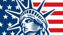 Graphic of the Statue of Liberty in blue with an American Flag behind it