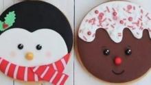 two elaborately decorated cookies with winter holiday themes
