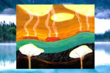 Photo of tribal art framed by a photo of a forested area near a body of water.