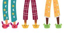 Illustration of 3 people wearing pajamas and slippers in various colors.