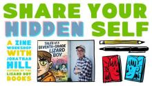 Text reading Share Your Hidden Self with an image of Hill's book cover and a photo of Hill