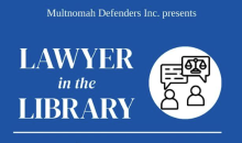 Graphic for Lawyer in the Library with words in white on a blue background and a line illustration of two people discussing law.