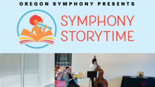 Photo of a person reading and another person playing an instrument during Oregon Symphony's Symphony Storytime (with the words above the photo)