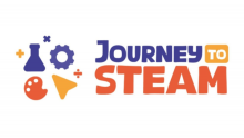 Logo for Journey to STEAM in purple, orange and yellow with a gear, mouse icon, paint palette and beaker next to it.