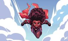 Cartoon style illustration of a black superhero with a red cape flying through the sky