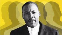 Photo of Dr. Martin Luther King Jr. with silhouettes repeated behind