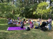 A group of people on blankets and chair at a park with grass and trees.