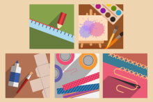 Five multi-colored tiles with white icons of a molecule, gear, mathematical signs, computer circuitry, and a painter's palette