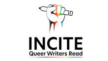 illustration of a hand with a pencil in Pride colors, with text: Incite, Queer Writers Read