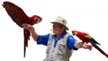 Photograph of a man in a hat with two parrots perched on his hands
