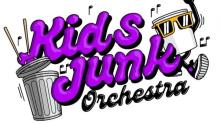 Kids Junk Orchestra logo with purple lettering surrounded by music notes