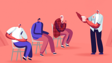 Illustration of 3 people sitting and listening to someone reading from a piece of paper