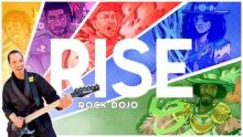 illustration of Brian with a guitar against a backdrop of comic book like guitarists with the words RISE Rock Dojo