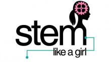 logo reading stem like a girl with a silhouette of a girl's head and a pink gear as her brain