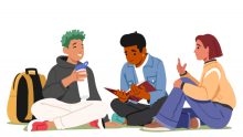 Graphic of three teens of different skin tones, genders and hair types and colors smiling and talking to each other