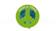 Illustration of a stylized peace sign with recycling arrows and the text Trash for Peace over a globe