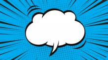 Graphic of a text bubble surrounded by flash lines on a blue background