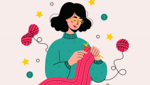 Illustration of a person with short, dark hair knitting a red scarf