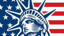 Illustration of five people of different ethnicities in front of the American flag