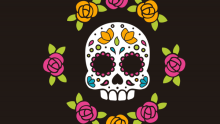 Illustration of a Dia de los muertos style skull surrounded by pink and yellow roses