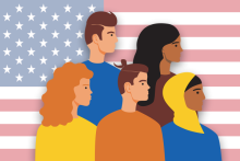 Graphic of several people of different genders and skin tones in front of a flag