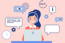 Illustration of a woman with a headset on a laptop, surrounded by talk balloons