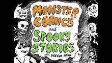 Illustration made by Breena Bard for her Monster Comics and Spooky Stories program with monsters surrounding the title in orange and green.