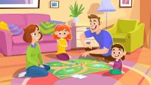 Cartoon image of two adults playing a board game on the floor with 2 children