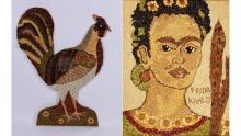 Seed art rooster and woman portrait 