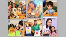 Photos of various people making crafts together in a collage format with a grey border