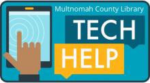 Simple illustration of a light brown human hand tapping on a tablet screen, superimposed on a blue background, next to the words Tech Help