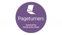 Purple circle with the library logo and Pageturners Sponsored by Friends of the Library 