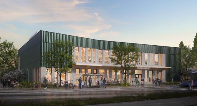 New rendering showing future Holgate Library exterior with dark green color voted on by community