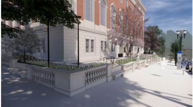 Sketch of renovated Central Library ground level exterior looking north