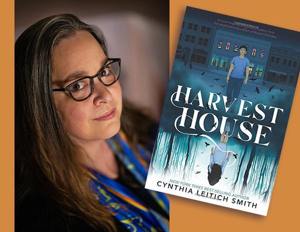 Author looking at the camera and book cover of Harvest House side by side