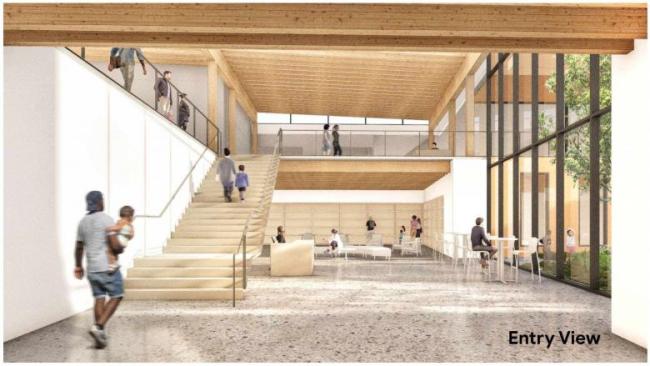 New rendering showing future updated Albina Library entry alongside a new courtyard