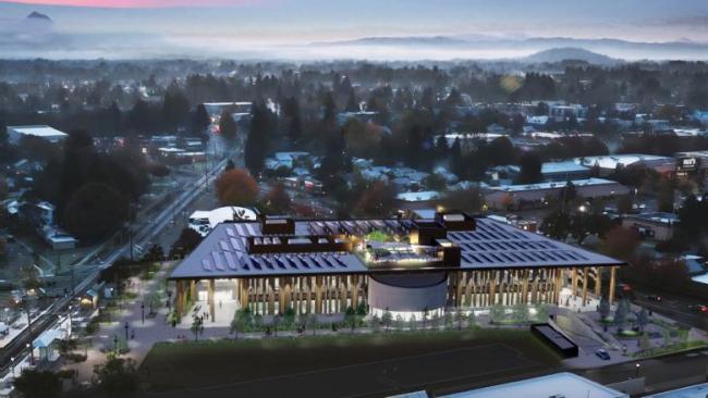 East County Library concept design shows the library from above at night with Mount Hood in the background