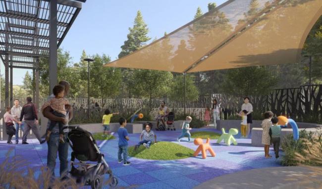 New rendering showing Midland Library’s outdoor interactive children’s garden 