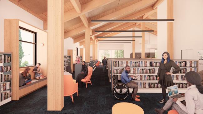 Hình ảnh hiển thị tông màu hoàng hôn, gồm màu đỏ, cam và xanh dương cùng với nội thất dự thảo của tòa nhà Thư viện Belmont