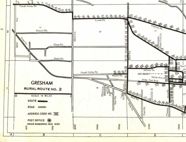 Close-up of a map of Gresham Rural Route Number 2 from the 1977 rural route directory of Multnomah and Clackamas counties.