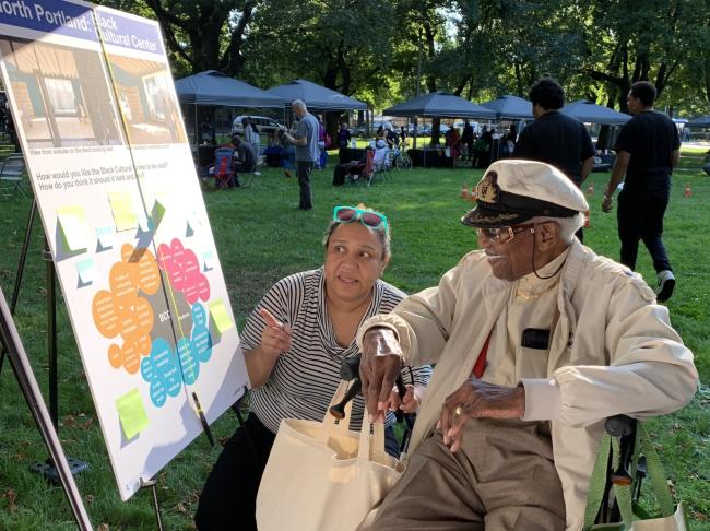 Architect Chandra Robinson shares information about North Portland Library’s new Black Cultural Center with Paul Knauls, honorary “Mayor of Northeast Portland”