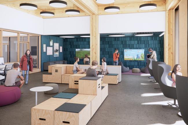 Rendering of the new East County Library teen room showing flexible seating and media nooks with large wall, mounted screens in a blue color palette with gray and dark purple accents.