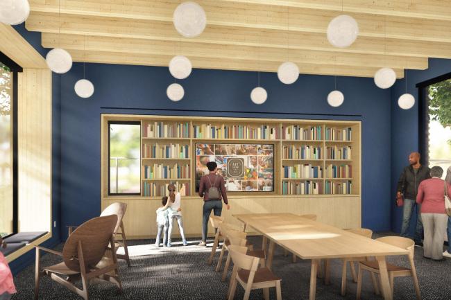 Rendering of the new North Portland Library Black Cultural Center featuring a vibrant blue color palette and books, tables and chairs.
