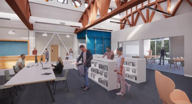 Interior rendering of the Northwest Library entryway, long table and small bookshelves