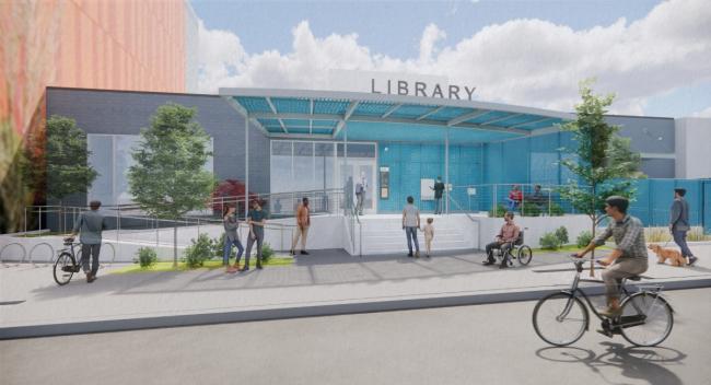 Exterior rendering of the new Northwest LIbrary on Pettygrove