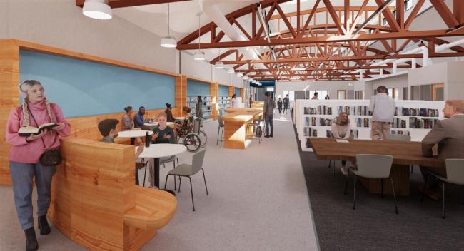 Interior rendering of gallery seating area inside Northwest Library